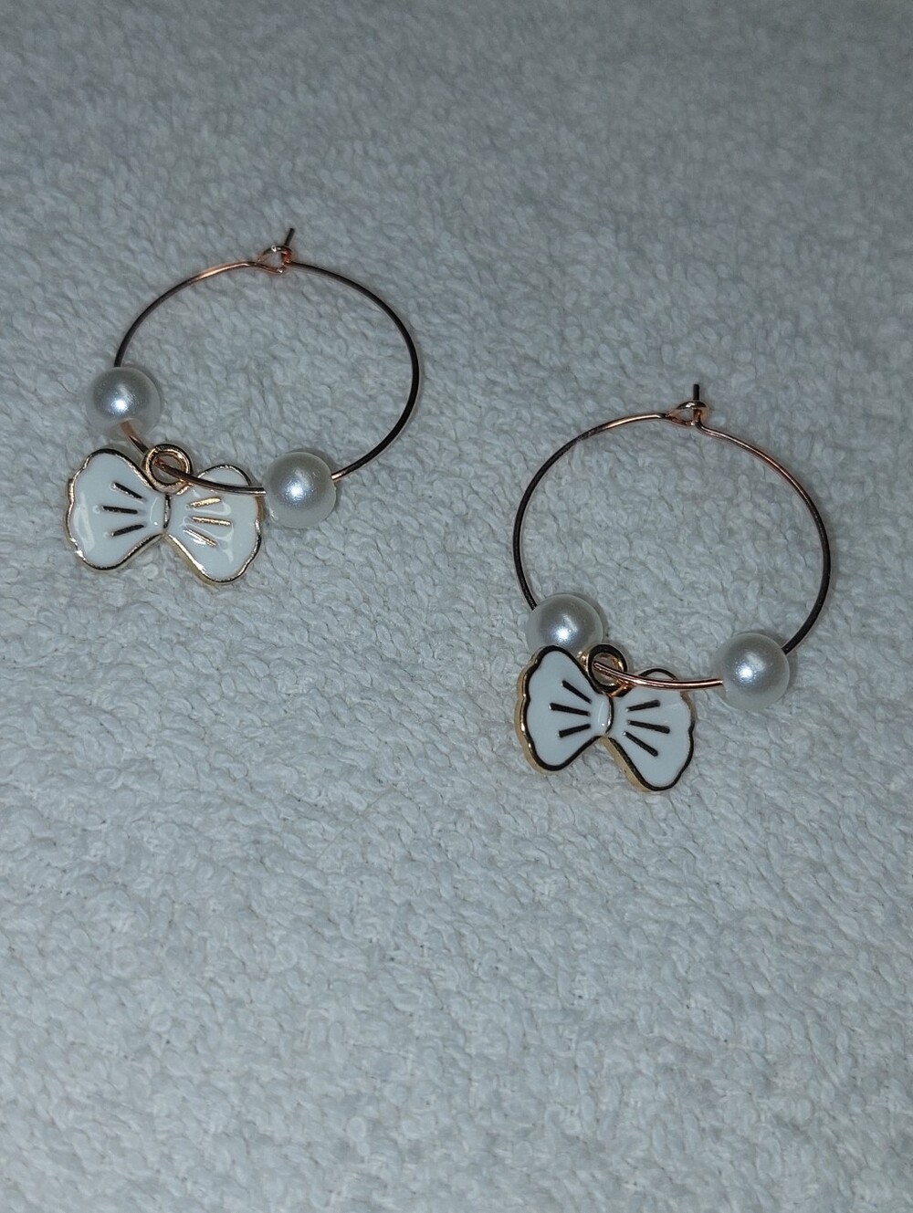 Handmade Delicate White Bow Hoop Earrings with Pearl Accents